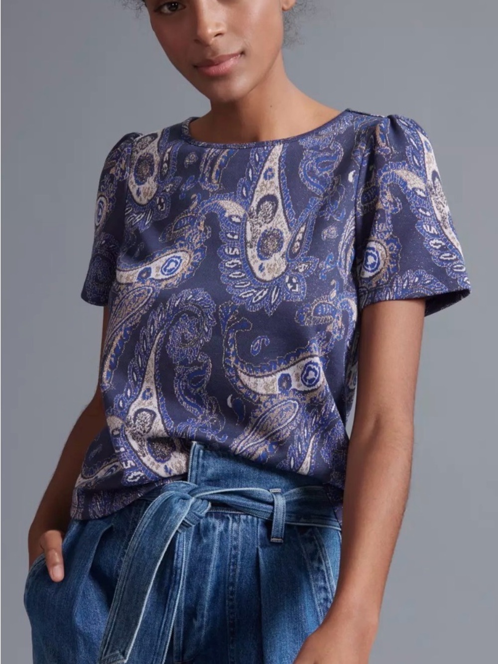 By Anthropologie Demeter Paisley Tee Short Puff Sleeve Jewel Neck Coastal Small